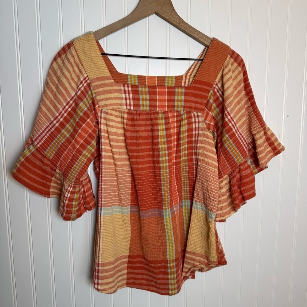 beachlunchlounge Naomi Orange Plaid Cotton Ruffle Blouse Women’s Size Large - Picture 2 of 11